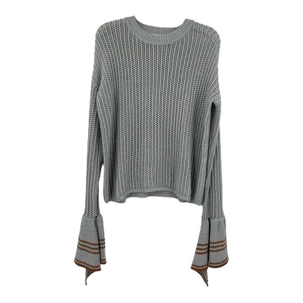 LOVERS + FRIENDS Open Knit Bell Sleeve Boho Retro Crewneck Sweater Gray M
